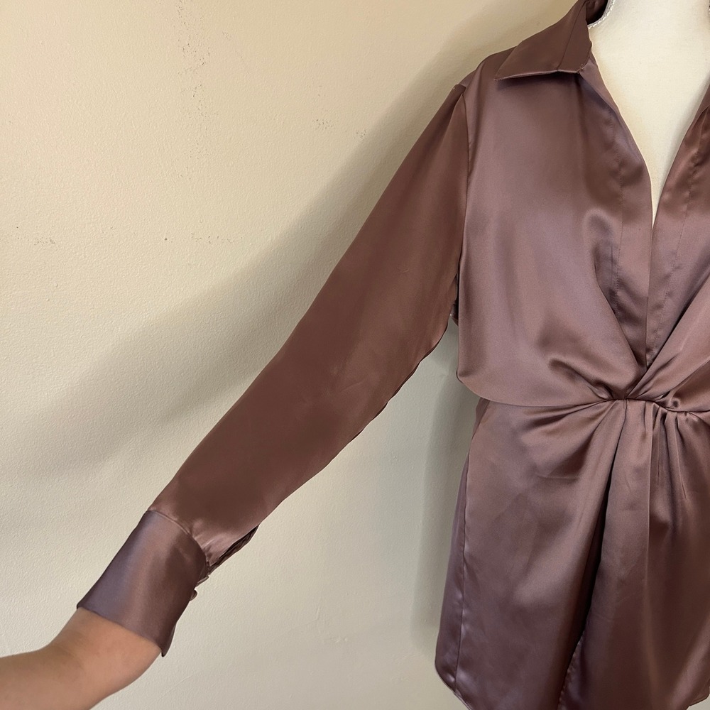 Zara Mauve Pink Satin Twisted Front Mini Shirt Cocktail Dress Small - Picture 9 of 14